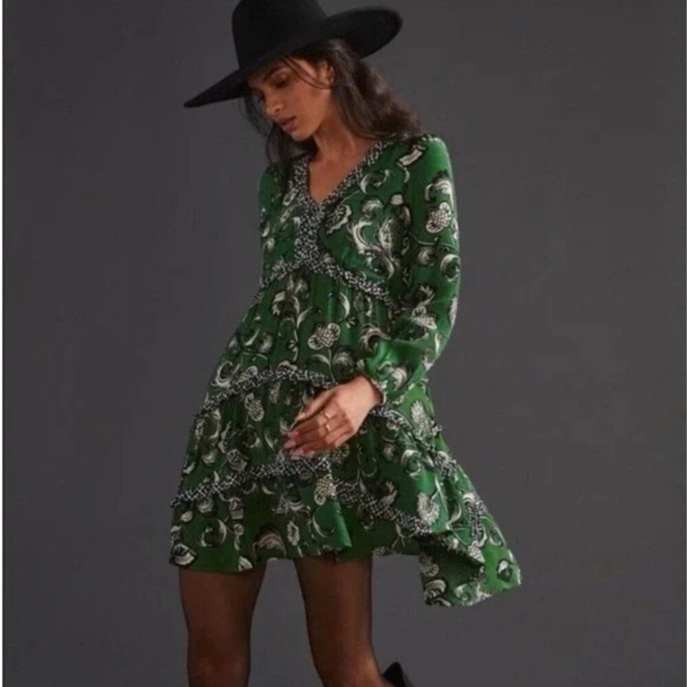 Anthropologie Size M Robin Boho Ruffled Tiered V-Neck Mini Dress Green Motif